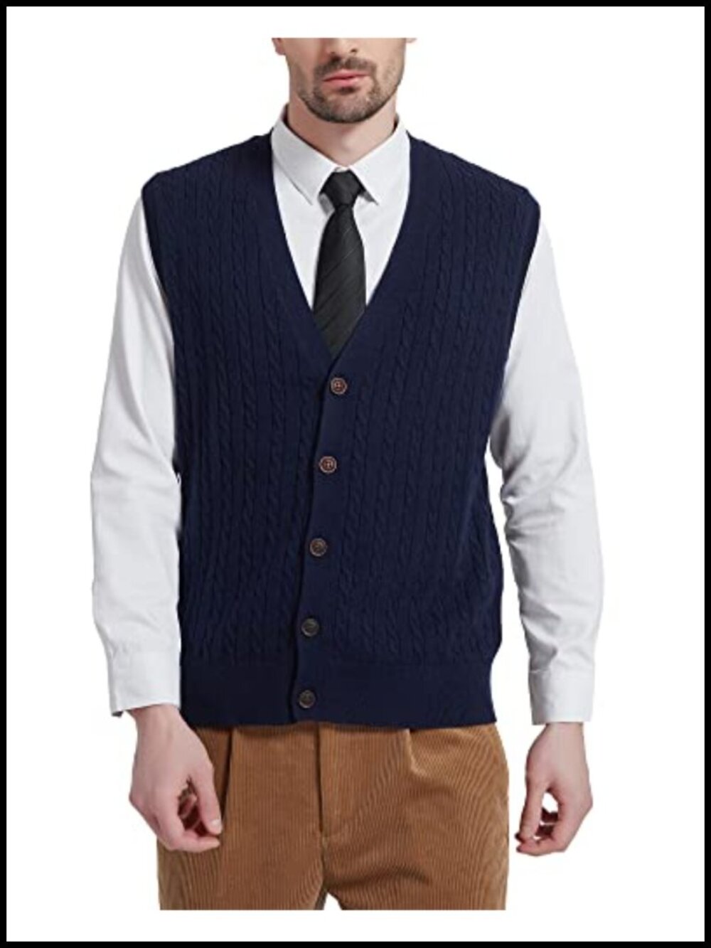 Men's Cable Knit Sweater Vest Wool Blend V-Neck Button Down Sleeveless